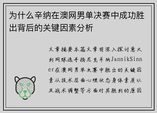 为什么辛纳在澳网男单决赛中成功胜出背后的关键因素分析