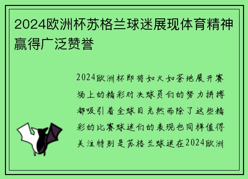 2024欧洲杯苏格兰球迷展现体育精神赢得广泛赞誉 2024欧洲杯苏格兰球迷展现体育精神赢得广泛赞誉